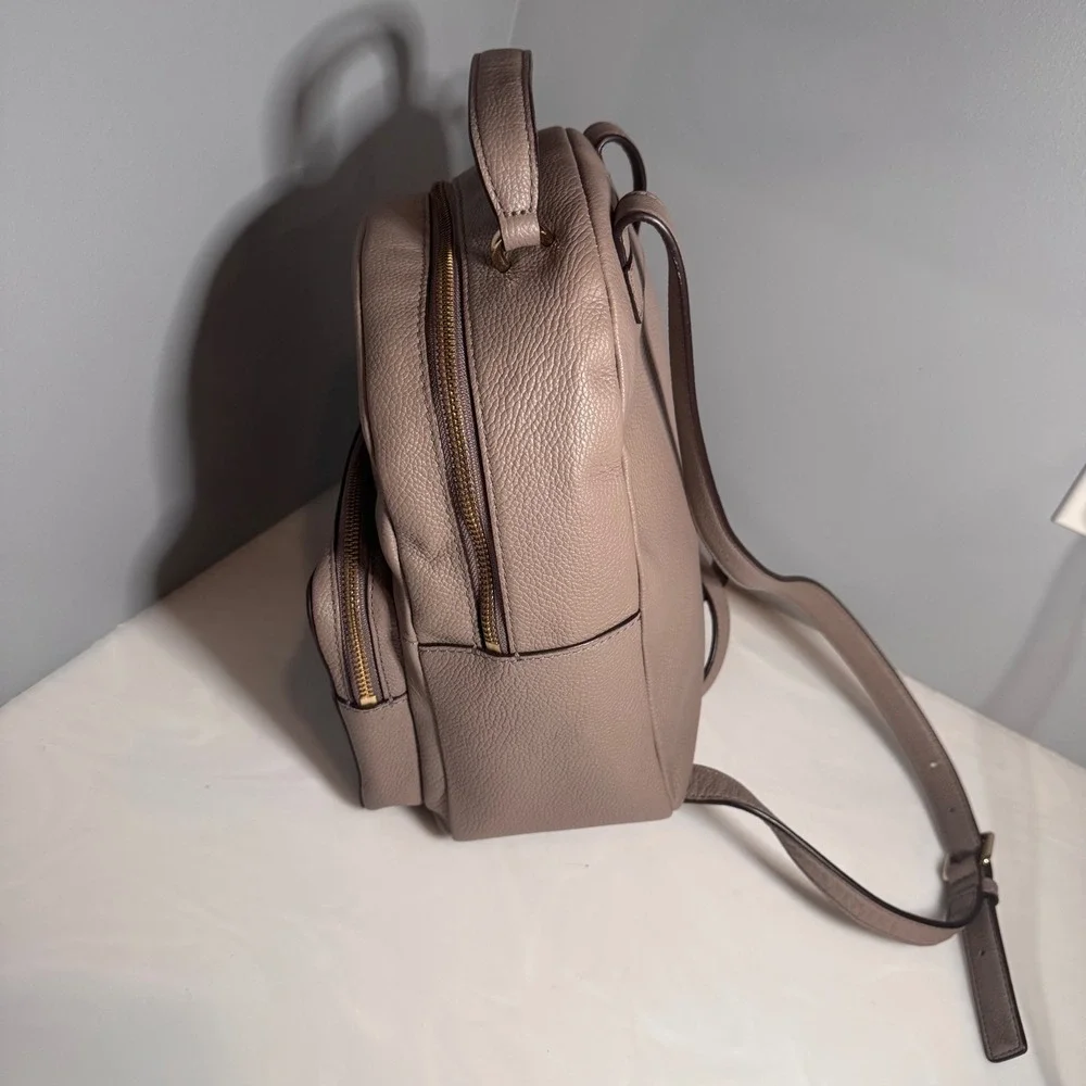 Kate Spade Mini Nicole Taupe Leather Backpack Gold Zip Pebble Minimalist Chic